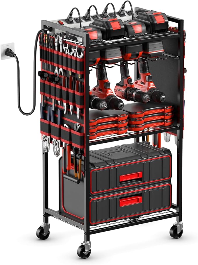JUNNUJ Large Power Tool Organizer Cart with Charging Station, Garage Floor Standing Rolling Drill and Tools Battery Storage Cart on Wheels, Heavy Duty Utility Rack with 8 Outlet 10 FT Power Strip, Red by JUNNUJHome