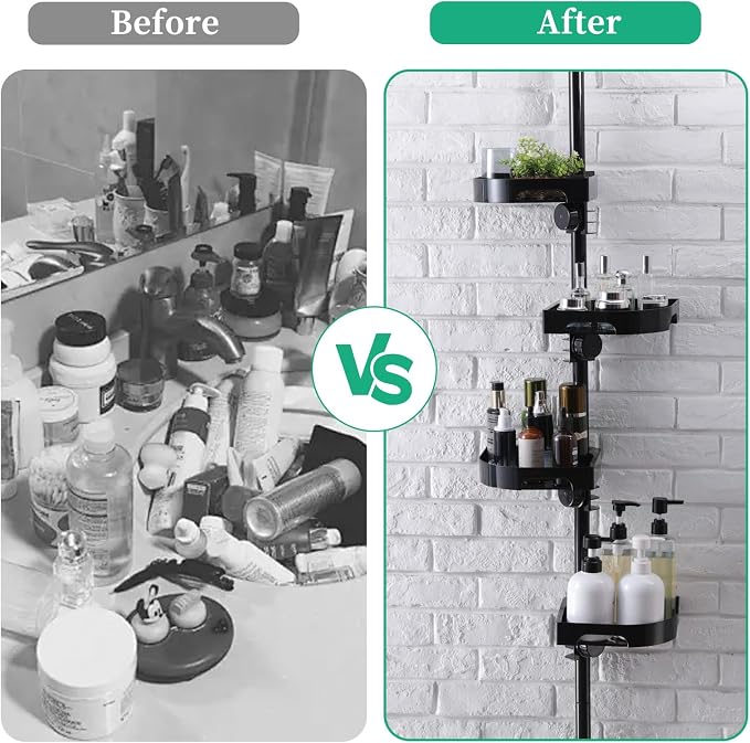 shuang qing 4-Tier Corner Shower Caddy Tension Pole Organizer - Adjustable Rustproof Metal Tension Pole, Plastic Shelves with Safety Guardrail, Bathroom Storage for Shower & Bathtub(Black) - Image 8