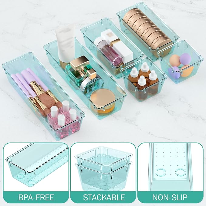 WOWBOX 6 Pack Clear Drawer Organizer Set, Acrylic Drawer Storage Trays, Storage Bins for Makeup, Cosmetics, Jewelries, Utensils, Gadgets, Office, Sea Blue - Image 3