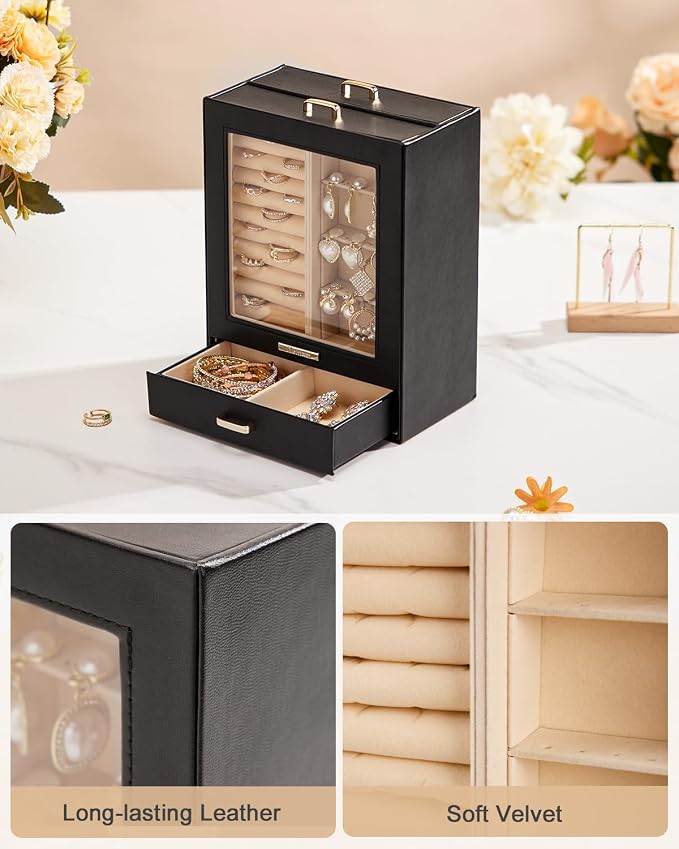 Homde Mothers Day Gifts Jewelry Organizer Girls Women Jewelry Box for Necklaces Rings Earrings Gift Bracelets Storage Case (Black + Gold) - Image 7