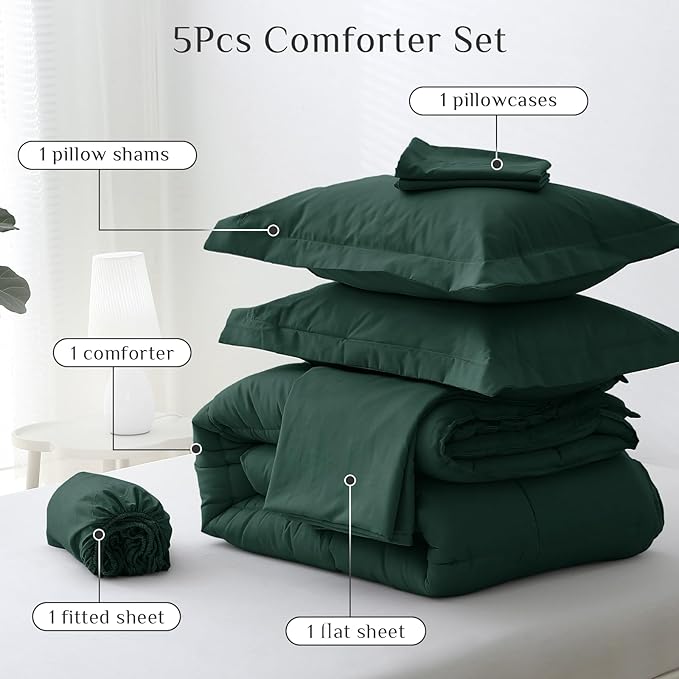 JOLLYVOGUE Twin XL Comforter Set, Ultra-Soft Bed in a Bag Twin XL Size 5 Pieces, Oeko-TEX Certified Bedding Set with Down Alternative Comforter, Sheets, Pillowcases & Shams, Emerald Green