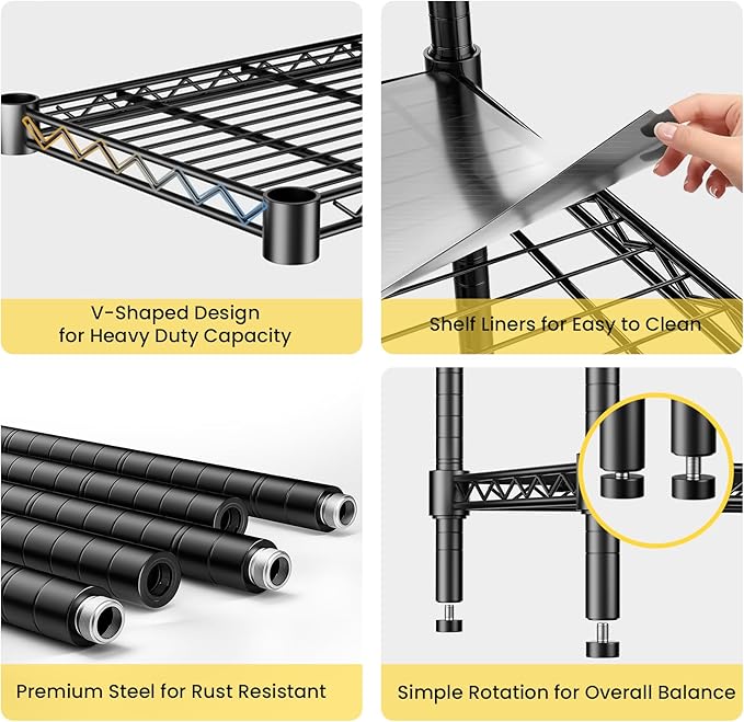 45" W Storage Shelves 5 Tier Wire Shelving, Adjustable Metal Shelving Unit with Shelf Liners, 1875LBS Heavy Duty Storage Rack for Garage Pantry Kitchen Commercial, 45" W x 16" D x 72" H, Black - Image 6