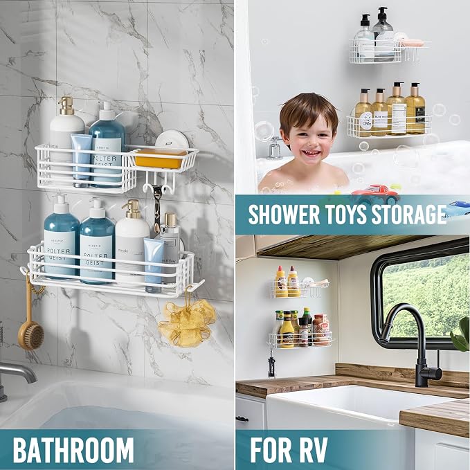 TAILI Shower Caddy Suction Cup 2 Pack with Hooks & Soap Holder, Heavy Duty Shower Organizer for Bathroom, No Drilling Bathroom Organizer with Large Capacity, Metal Storage Holder-White - Image 5