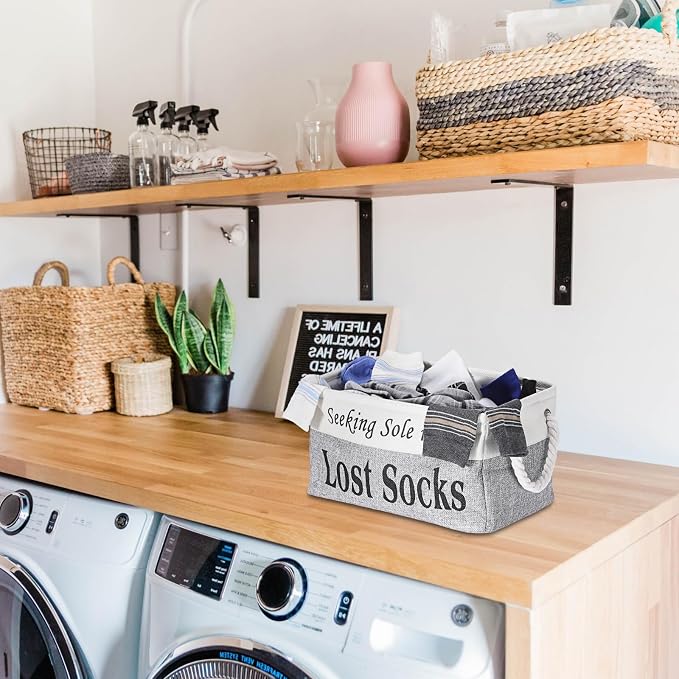 Lost Socks Basket for Laundry Room, Fabric Missing Sock Holder for Single Sock Organization, Collapsible Lost Socks Bin Stockings Container, Farmhouse Laundry Room Decor and Accessories - Image 7