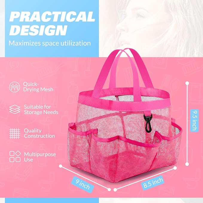 LOYEE Mesh Shower Caddy Portable for College Dorm Room Essentials with 8 Pockets, Shower Bag for Beach, Swimming, Gym, Travel, Bathroom(All rose pink) - Image 2