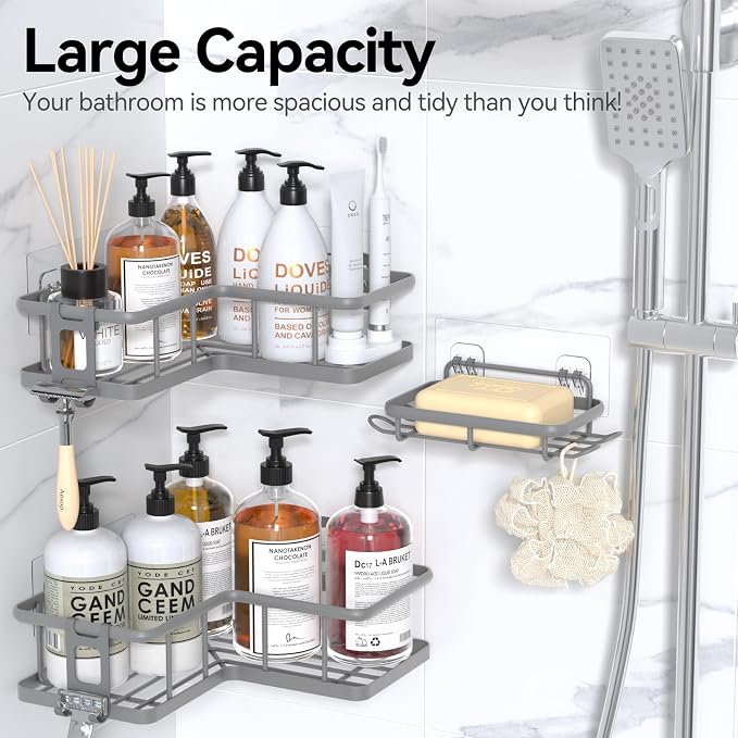 YASONIC Shower Caddy Corner, 3-Pack Adhesive Rustproof Stainless Steel Shower Shelves with Soap Holder, No Drilling Shower Organizer Corner for Dorm, Renters Bathroom, Grey - Image 8