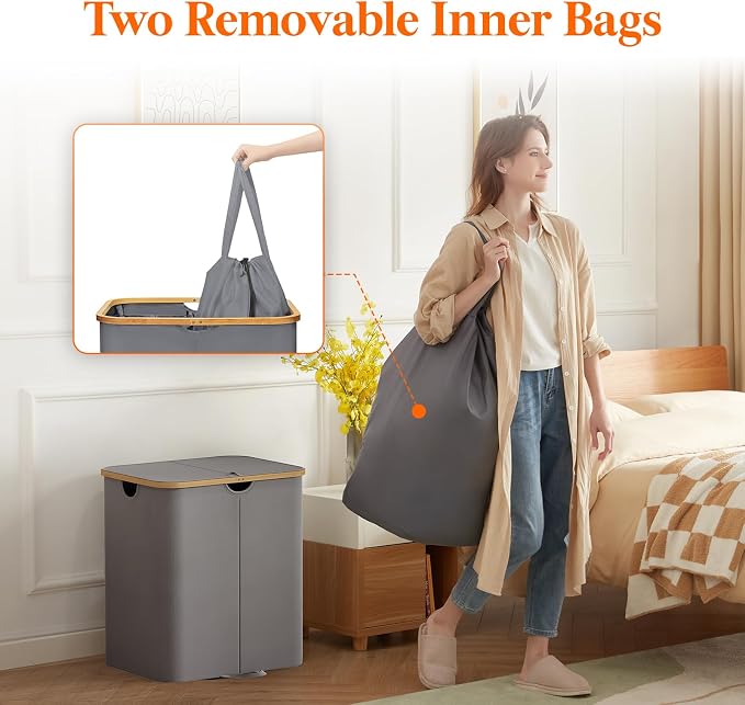 Lifewit 120L Double Laundry Hamper with Lid, Large Laundry Basket with Removable Bag & Bamboo Handles, Fodable Tall Dirty Clothes Hamper for Laundry Collapsible Bin for Bathroom Bedroom, Charcoal Gray - Image 3
