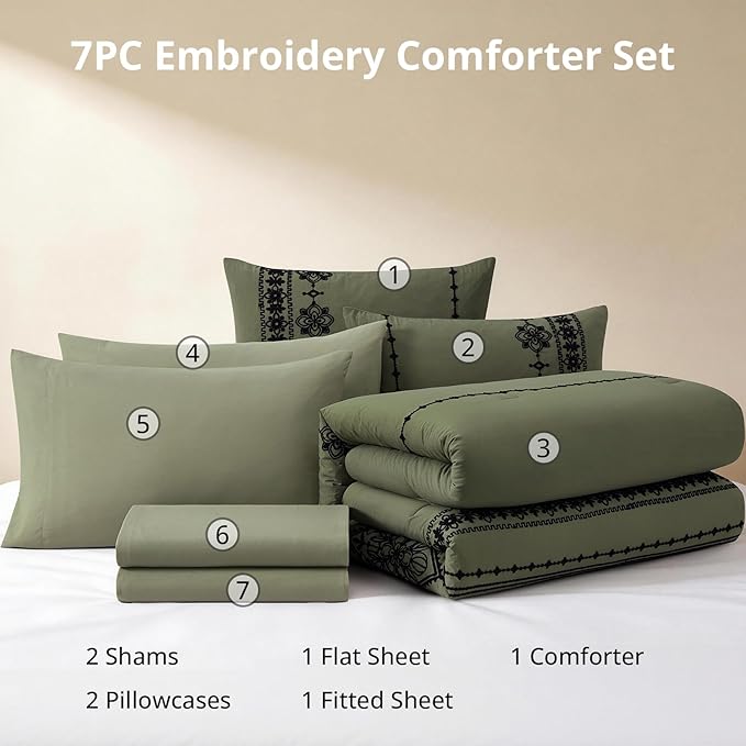 MaiRêve King Size Comforter Set Olive Green, Embroidery Floral Western Boho Bedding Set, All Season 7 Pieces Bed in a Bag with Sheets, Pillowcases & Shams