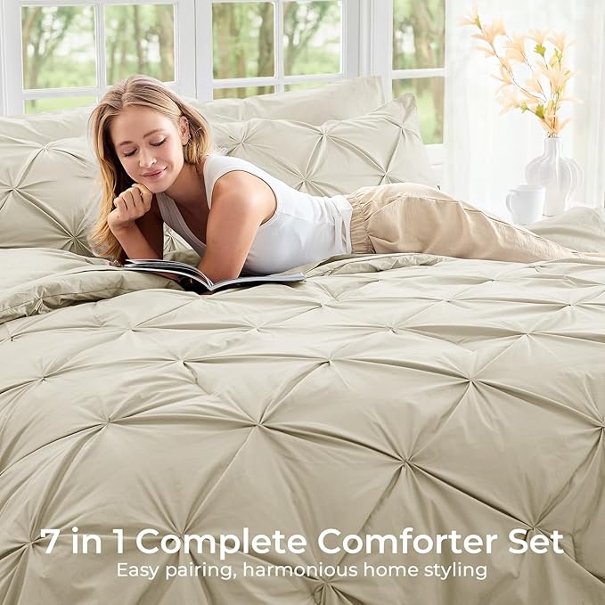 Sasttie Queen Comforter Set, 7-Piece Bed in a Bag, Pintuck Bedding Sets for All Season, Includes Comforter, Flat Sheet, Fitted Sheet, Pillowcases and Pillowshams, Linen