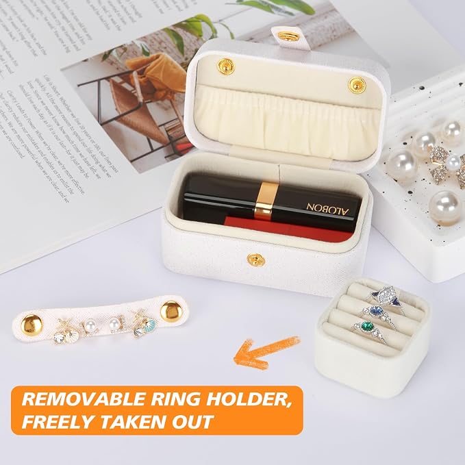 KUKUVR Small Travel Jewelry Box, Mini Jewelry Holder for Multiple Rings Necklace Earrings Lipstick, Portable Jewelry Storage Organizer Case with Removable Ring Slot (WHITE) - Image 5