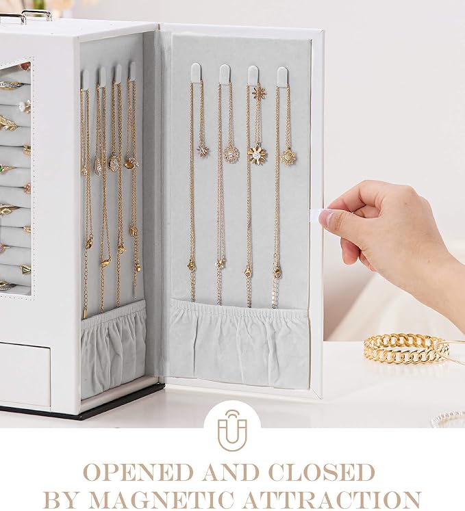 Homde Jewelry Organizer with Transparent Window Necklace Hooks Gift for Women Jewelry Box Display Case for Necklaces Rings Earrings Bracelets and Other Jewelry Accessories (White) - Image 4