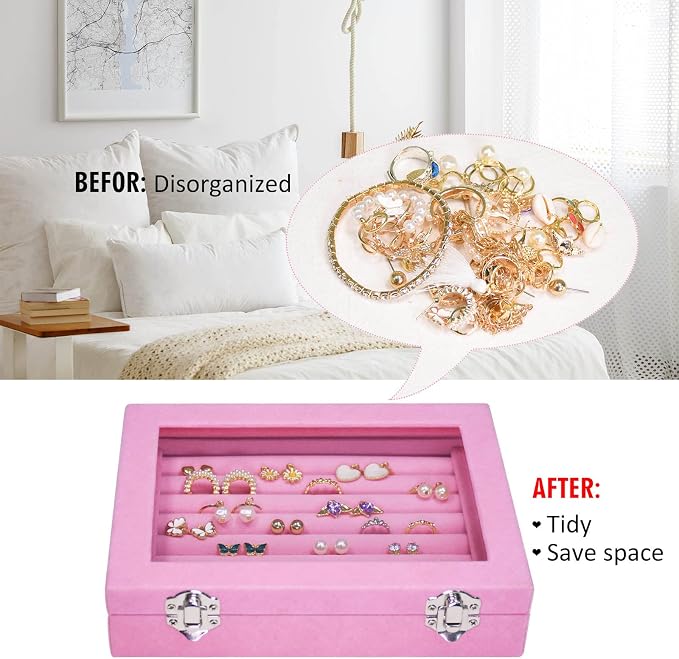 Vicoter Rings Organizer Tray 7 Slots Velvet Jewelry Earring Storage Box with Transparent lid Jewelry Display Case for Girls Wife Mom Women (Pink) - Image 5