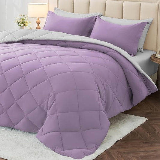 MUXHOMO 7 Pieces Queen Comforter Set, Reversible Bed in a Bag Queen Size, All Season Bedding Set with Comforter, Flat Sheet, Fitted Sheet, Pillowcases & Shams, Greyish Purple & Light Grey