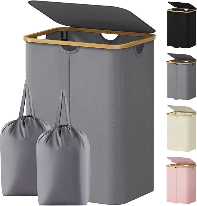 Lifewit 150L Double Laundry Hamper with Lid, Large Laundry Basket with Removable Bag & Bamboo Handles, Fodable Tall Dirty Clothes Hamper for Laundry Collapsible Bin for Bathroom Bedroom, Charcoal Gray by Lifewit