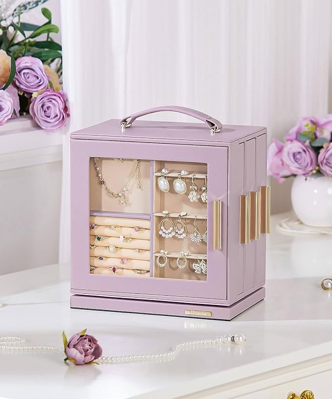 Homde Jewelry Box 360° Rotating, Necklace Earring Organizer with Transparent Window, Mirror, 7 Drawers, Large Ring Display Storage Case for Girls Women (Grey Purple) - Image 2