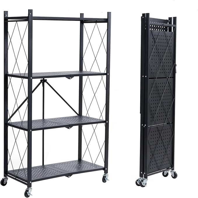 BRIAN & DANY 4-Tier Foldable Storage Shelves with Wheels, Folding Metal Rack Shelving Unit, Heavy Duty No Assembly Organizer Shelf for Garage, Kitchen, Basement, Pantry, Black by BRIANDANY