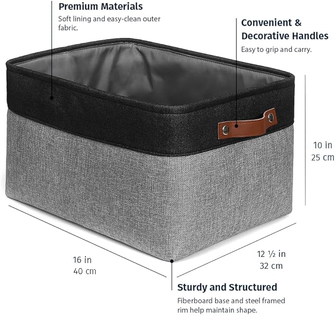 OrganiHaus Extra Large Fabric Storage Baskets for Shelves 3 Pack, 16x13in Closet Storage Bins, Canvas Baskets for Organizing, Linen Closet Organizers, Cloth Basket, Gray/Black - Image 2