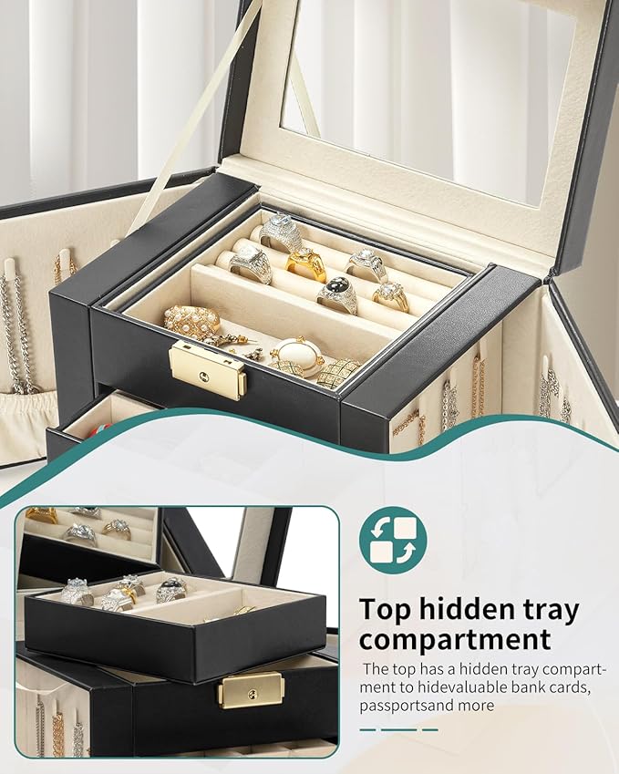 AKOZLIN 5-Tier Jewelry Box Leather Jewelry Storage Organizer with 4 Drawers Lockable for Women Girls Ring Necklace Earring Bracelet Watches Holder with Mirror Black - Image 4