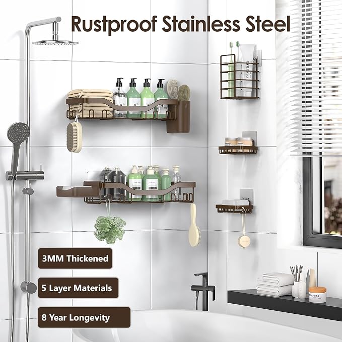 NESOMI Shower Caddy Adhesive Shower Organizer 7-Pack, Rustproof Stainless Steel Bathroom Shelves, Large Capacity No-Drill Rack Storage Accessories with Soap Dish Toothbrush Holder Hooks - Image 5