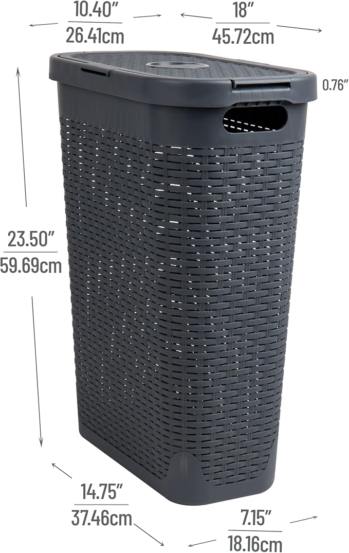 Mind Reader Slim Laundry Hamper with Lid, 40L Clothes Basket, Narrow Tapered Design with Ventilated Cutout Pattern, Plastic, Gray - Image 3