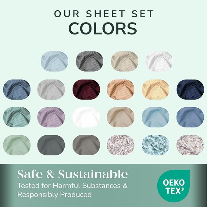 Feather & Stitch 500 TC Twin Size 3pc Damask Bed Sheet Set, 100% Soft Cotton Breathable Bedsheets, 18" Deep Pockets Sateen Weave Solid Bedding Mattress Resort Hotel Luxury Decor - (Feather Blue)