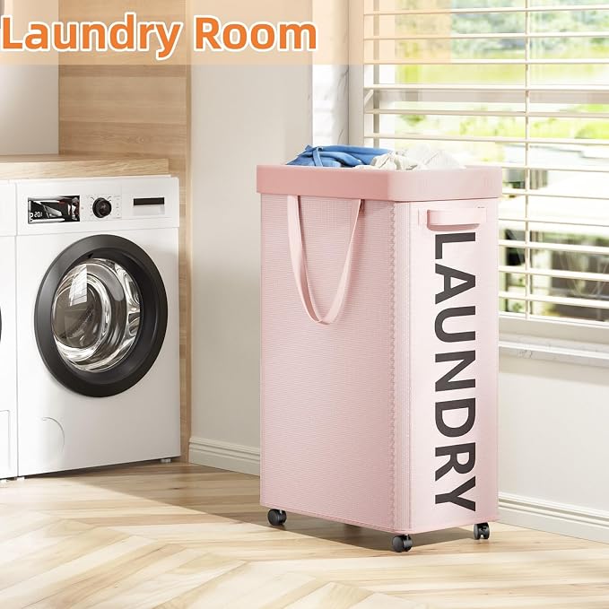 Optish Pink Laundry Basket with Wheels, Dorm Room Essentials for Girls, 90L Rolling Laundry Hamper with Wheels and Removable Mesh Bag for Clothes, Bedroom, Bathroom, College - Image 2