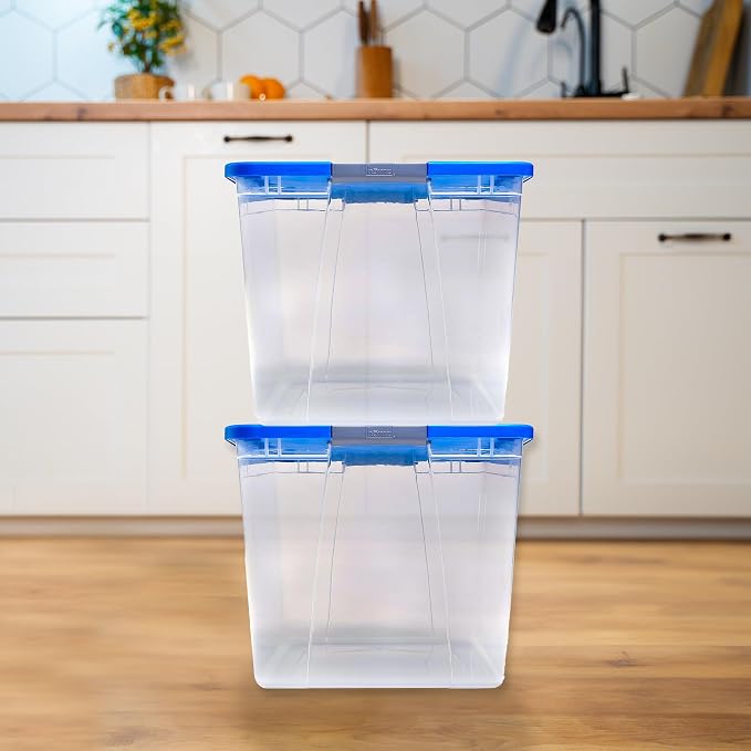 HOMZ 2-Pack Secure Latch, Clear Plastic Storage Organizer Bins, 64 Quart, Blue Lid - Stackable Container Boxes for Bedroom, Bathroom, Garage, and Office Organization - Image 8