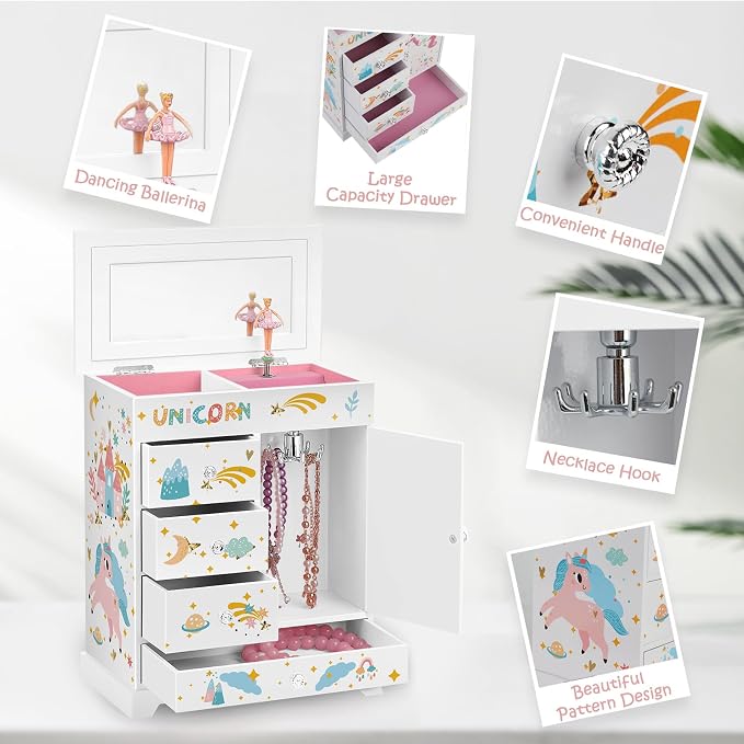 Large Jewelry Box for Girls 5-Layer Music Box with Swing Door Spinning Ballerina Unicorn Necklace & Bracelet Set Children Jewelry Organizer for Girls Kids Birthday Christmas Gift White - Image 2