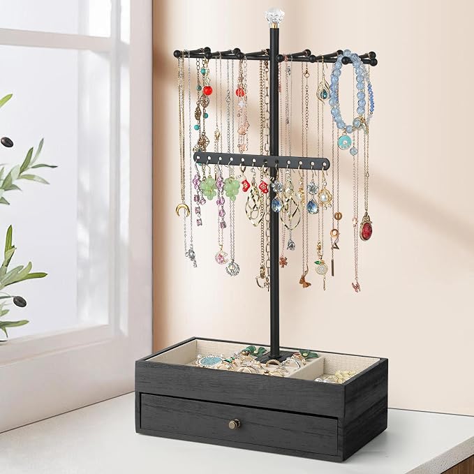 Meangood Jewelry Organizer Stand, 3-Tier Necklace Holder Jewelry Tree with Wooden Storage Drawer Box for Necklace Bracelet Earring Ring,Black - Image 6