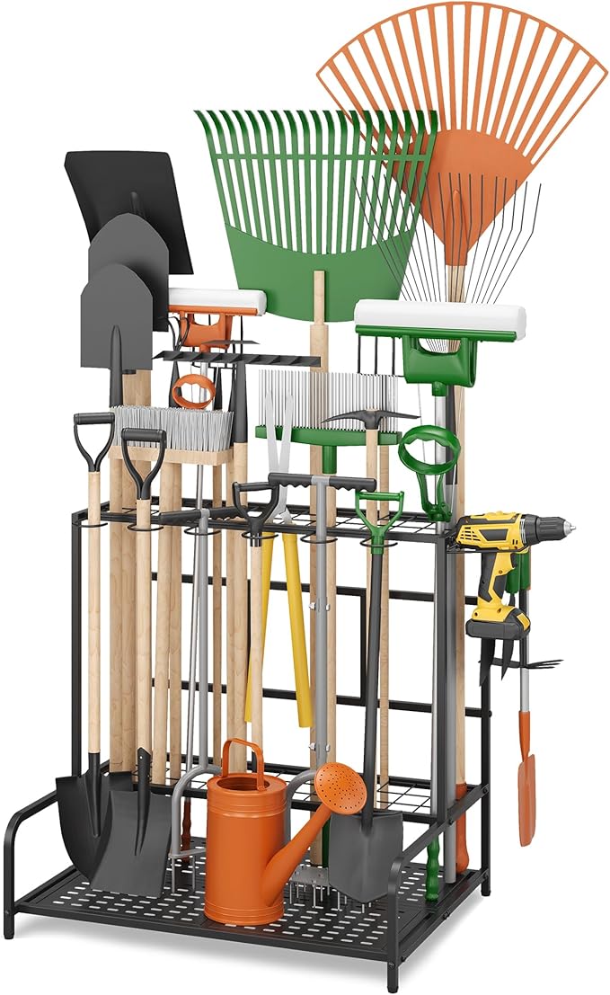 Sttoraboks Garden Tool Organizer Rack Up to 39 Tools, Heavy-Duty Steel Yard Tool Organizer for Garage Storage with 12 Hooks, Broom Holder & Garden Tool Rack for Shed, Patio, Outdoor Storage, Black by Sttoraboks