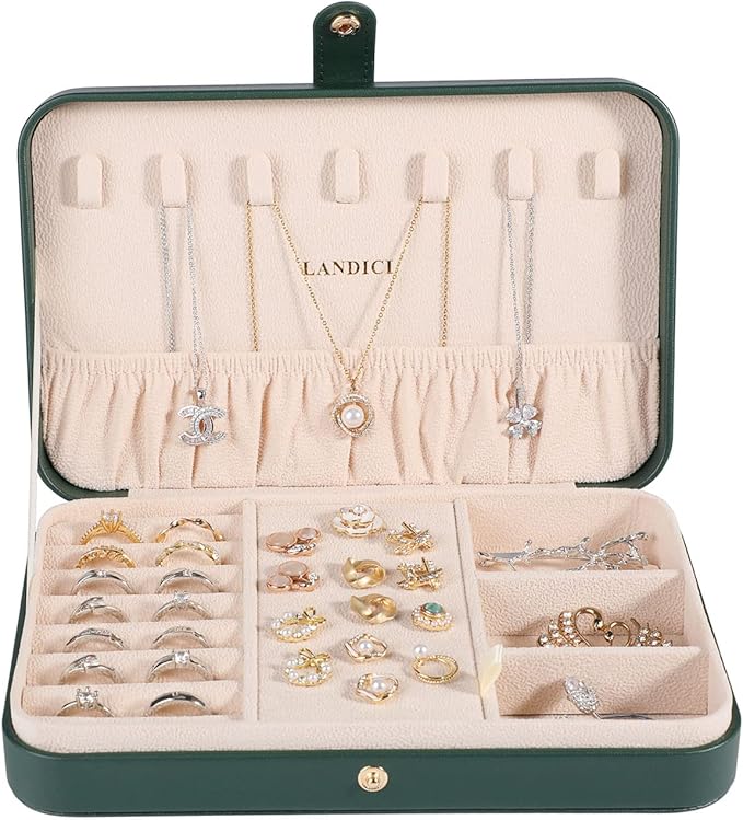 LANDICI Small Jewelry Box for Women Girls, PU Leather Travel Jewelry Organizer Case, Jewellery Storage Holder Display for Ring Earrings Necklace Bracelet Bangle Watch Men Kids Gift, Blackish Green - Image 2