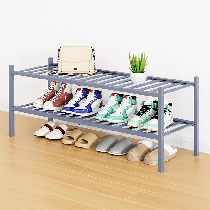 Smiry Shoe Rack, 2 Tier Long Bamboo Shoe Organizer, Stackable Free Standing Wooden Shoe Storage Shelf for Closet, Entryway, Front Door Entrance, Grey by Smiry