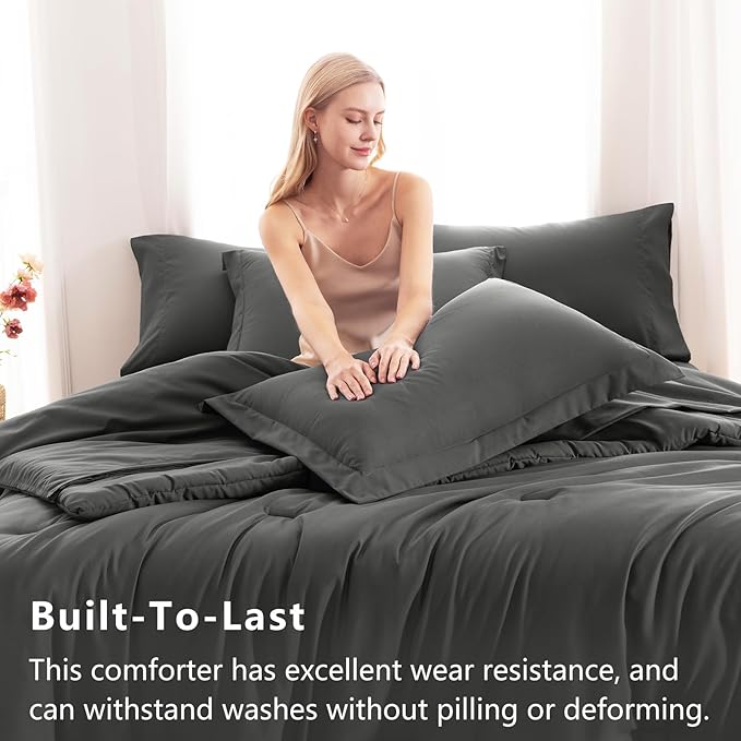 CozyLux King Size Comforter Set Dark Grey, 7 Pieces Bed in a Bag King Comforter Set with Sheets, Dark Gray Luxury Soft Bedding Sets with Down Alternative Comforter, Sheets, Pillowcases & Shams