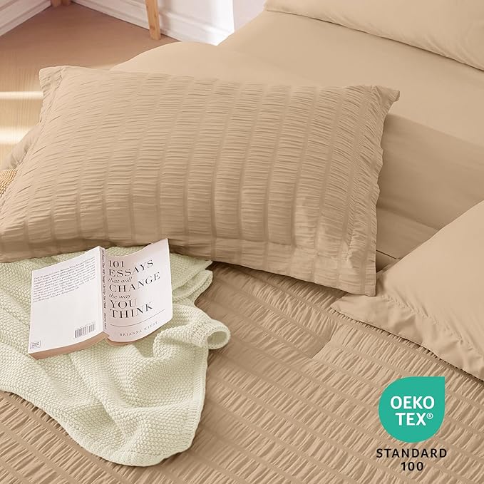 MUXHOMO 5 Pieces Twin Comforter Set, Seersucker Bed in a Bag Twin Size, All Season Luxury Bedding Set with Comforter, Flat Sheet, Fitted Sheet, Pillowcase & Sham, Khaki
