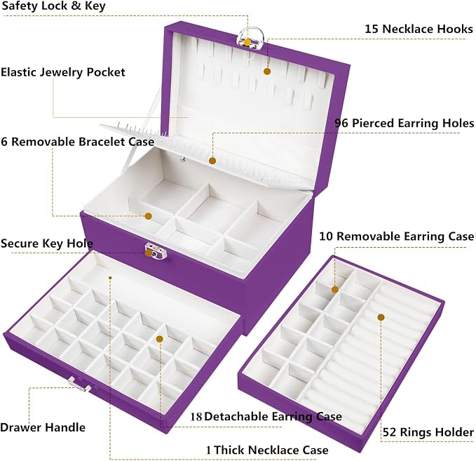 QBestry Earrings Jewelry Box for Girls, 5 Layers Jewelry Organizer with Earring Holder Organizer for Girls Earring Organizer Jewelry Boxes for Women Earrings and Necklaces Jewelry Box Organizer Purple - Image 7