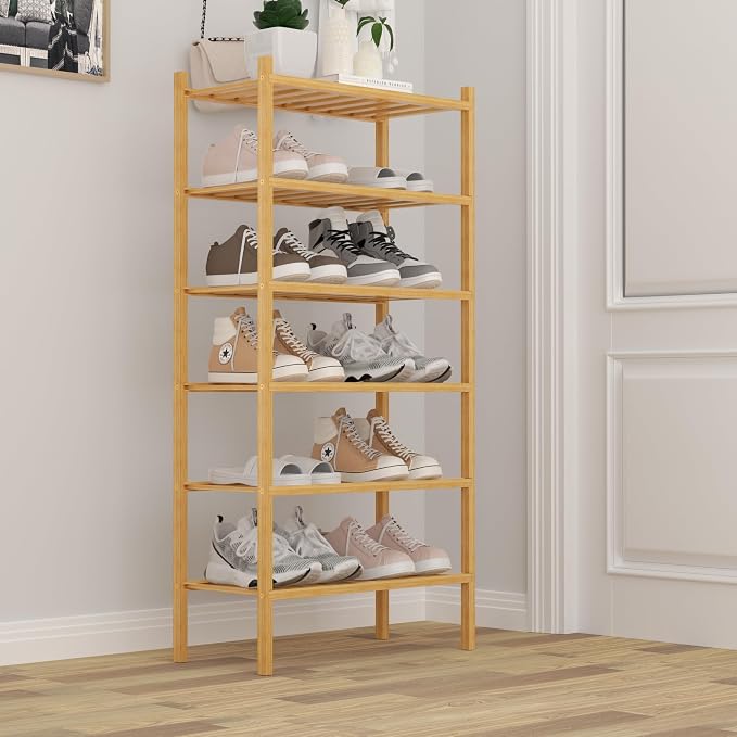 ROMGUAR CRAFT 6-Tier Bamboo Small Shoe Rack, Free Standing Wood Shoe Shelf Storage Organizer for Closet Entryway Stackable (Natural) - Image 2