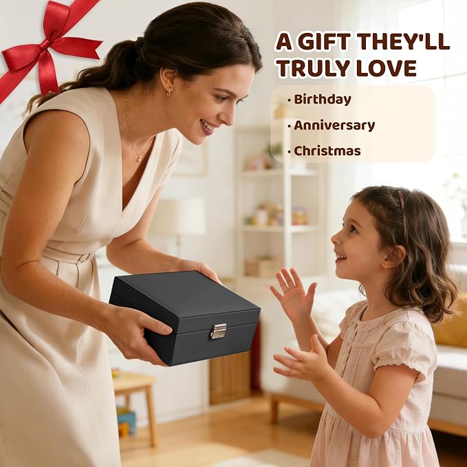 Homeanda Jewelry box 2 layer Jewelry box Leather Jewelry boxes for Women Girls Teens Jewelry organizer box Jewelry Storage box with lock(Black) - Image 7