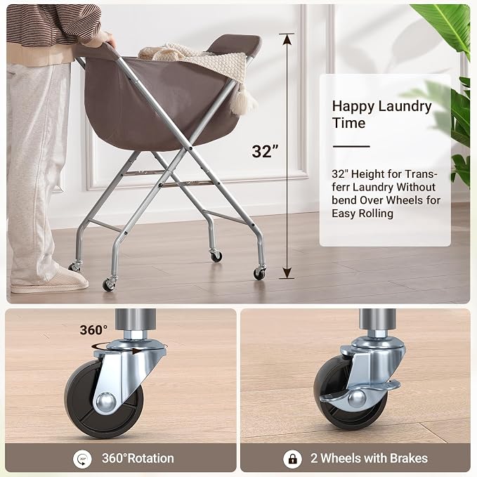ELYKEN Laundry Cart with Wheels, 32”H Easy Rolling Laundry Hamper with Removable Liner Bag, Sturdy Metal Frame Clothes Basket with 4 Casters and 2 Brakes - Image 2