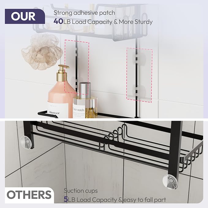 SWTYMIKI Bathroom Shower Caddy Hanging - Extended Length 2 Tier Rustproof Over Shower Head Organizer, No Drilling Bathroom Shelf with 14 Hooks & Soap Holder, Anti-Swing Rack, Black, Medium - Image 7
