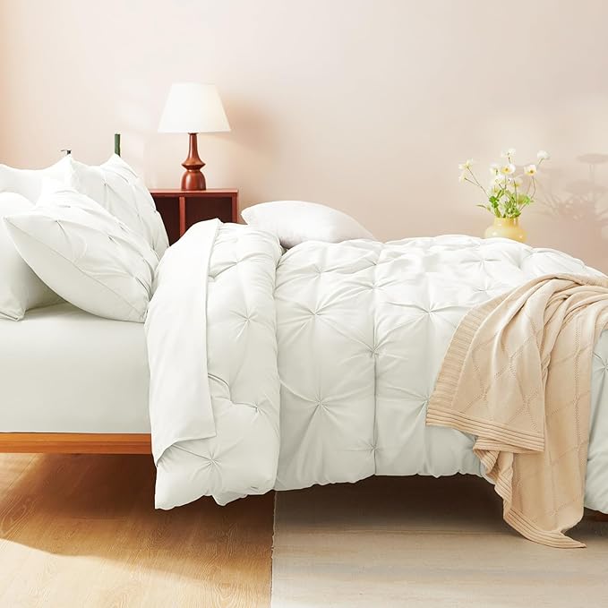 CozyLux Full Size Comforter Sets Ivory, 7 Pieces Pintuck Bed in A Bag Ivory Comforter Full Size, Pinch Pleat Bedding Sets with All Season Comforter, Sheets, Pillowcases & Shams