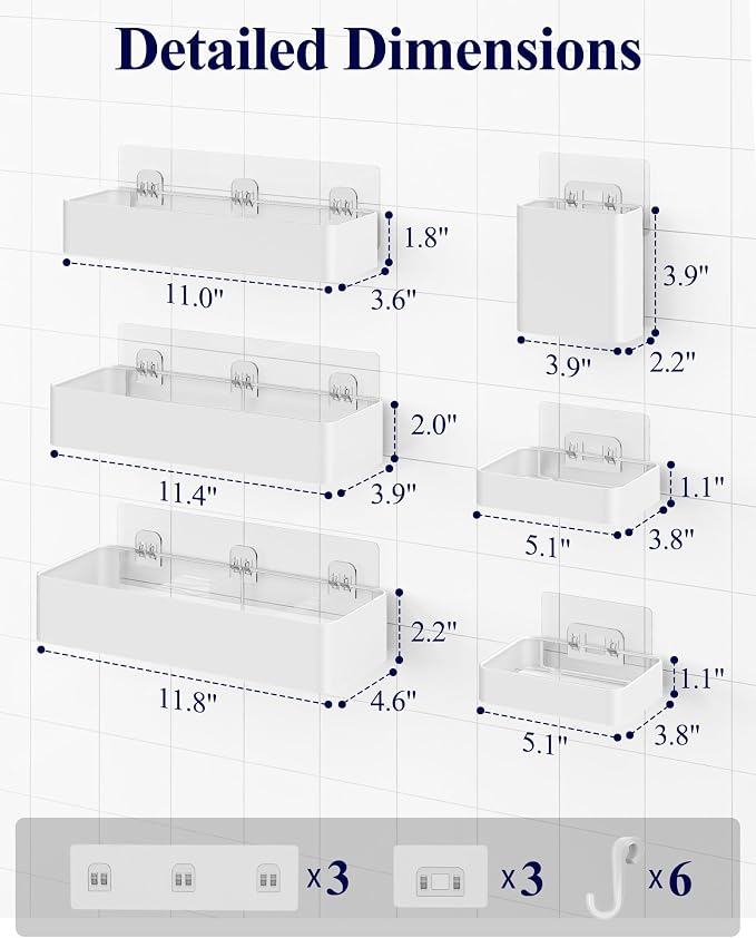 Kitsure Shower Caddy Adhesive - 6-Pack, No-Drilling Shower Shelves with Soap Holder, Toothbrush Holde, 6 Hooks, Rustproof & Stylish Bathroom Organizers and Storage Solution, White, Large - Image 2