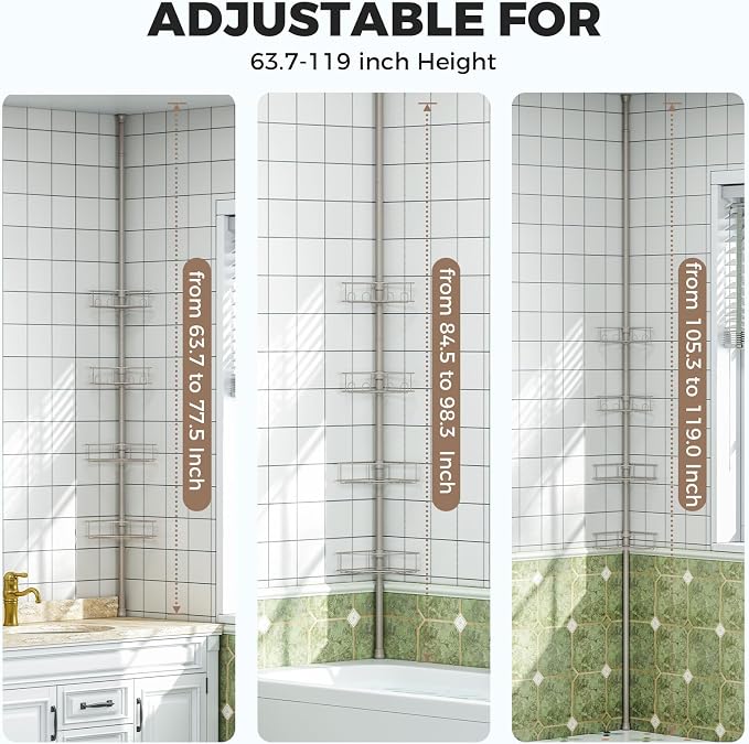 Urackify Corner Shower Caddy Tension Pole, 4 Tier Adjustable Bathroom Organizer Shelves, Shower Storage With Hidden Hook & Towel Holder,63.7-119 Inch No-Drill Quick Installation Shower Rack,Sliver - Image 5