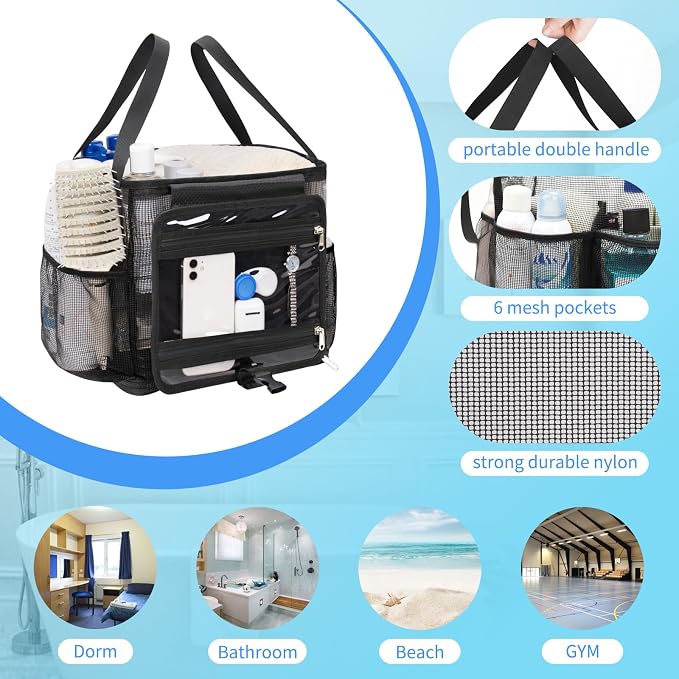Mesh Shower Caddy Portable, Quick Dry Hanging Toiletry Bag for College Dorm Essentials with 4 Pockets/Divider/Plastic Bottom, Travel Tote Bag for Camping, Bathroom, Beach, Swimming, Gym - Image 2