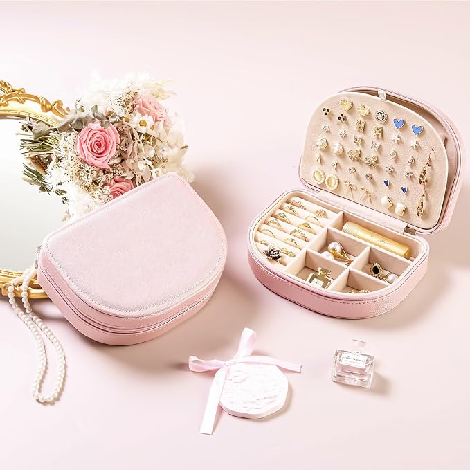 ProCase Travel Size Jewelry Box, Medium Portable Seashell-Shaped Jewelry Case, 2 Layer Jewelry Organizer in PU Leather for Women -Glossy Pink - Image 2