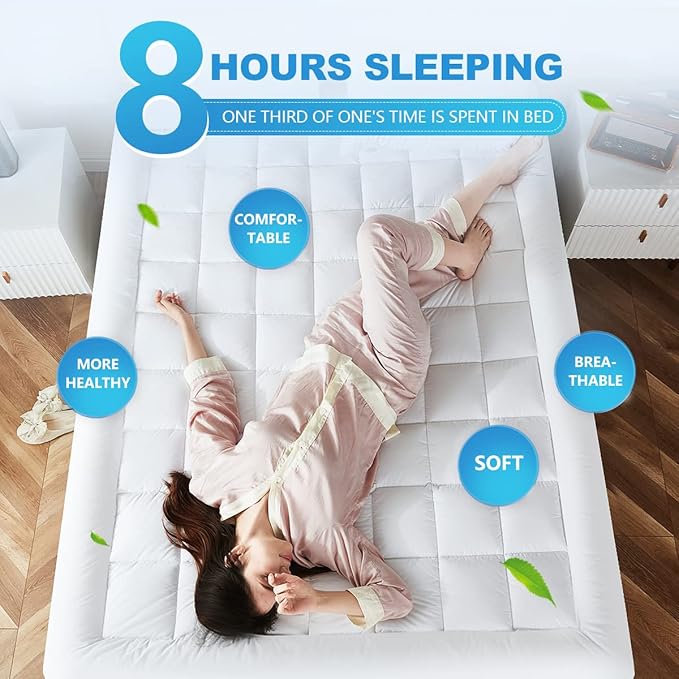 Queen Mattress Pad Cover Cooling Mattress Topper Pillow Top with Down Alternative Fill (8-21” Fitted Deep Pocket Queen Size) White
