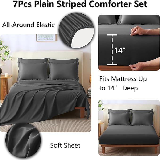 CozyLux Oversized King Comforter Set - 7 Pieces Bed in a Bag Dark Grey Comforter Set with Sheets All Seasons Bed Set, Soft Bedding Set with Down Alternative Comforter, Sheets, Pillowcases & Shams