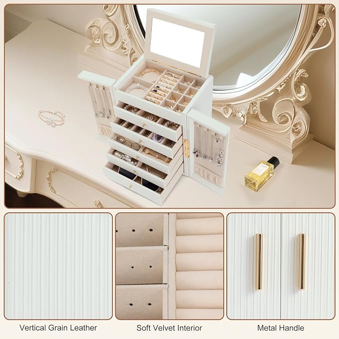 Dajasan Large Jewelry Organizer Box, Jewelry Boxes for Women Girls, 6-Tier Jewelry Storage Organizer with Mirror for Necklace Ring Bracelet Watch, Gift Idea (White) - Image 5