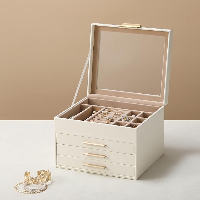 Somduy Jewelry Box Organizer for Women,4 Layers Jewelry Storage Display Box with Glass Lid,Gift for Christmas,3 Drawers,Large Capacity for Necklace Earrings Bracelets Rings,White - Image 7