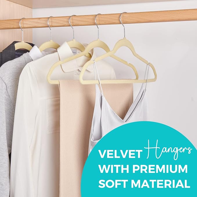 HOUSE DAY Premium Velvet Hangers 50 Pack, Non-Slip Flocked Felt Hangers, Sturdy Clothes Hangers with 360° Rotatable Hook, Heavy Duty Coat Hanger, Durable Slim Beige Hanger for Closet Space Saving - Image 2
