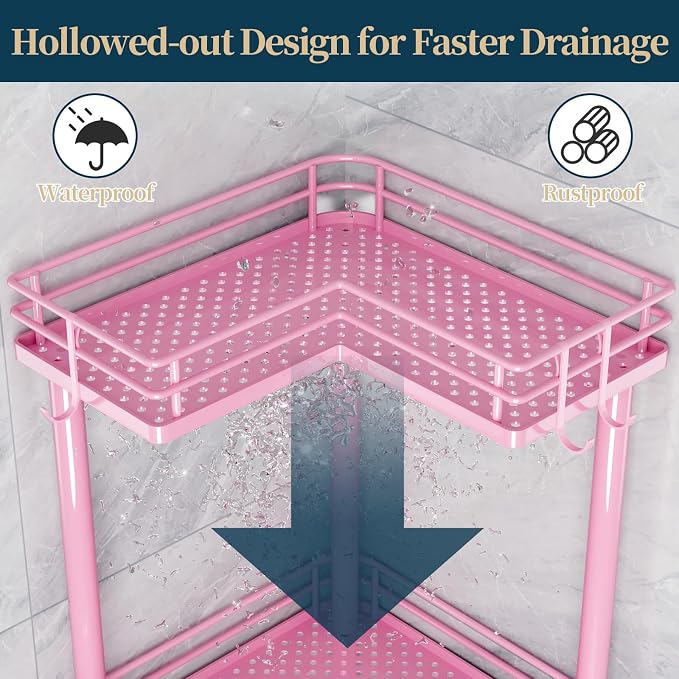Consumest Corner Shower Caddy Standing - 3-Tier Stainless Steel Shower Organizer with Soap Holder and 4 Hooks, Large Capacity Corner Shelf Stand for Bathroom, Rest Room, Pink - Image 4